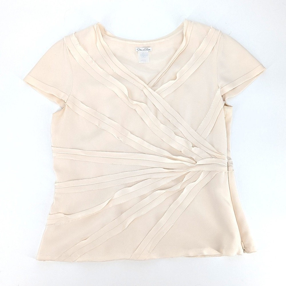 Oscar‎ de la Renta Silk Pleated Ribbon Wrap Blouse Cream Made in Italy Size 14